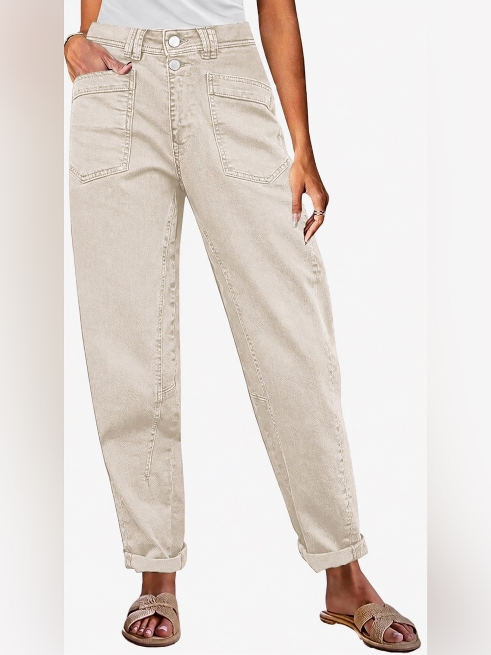 Flamingals Roll Hem Mid Waist Straight Leg Crop Jeans in Tan